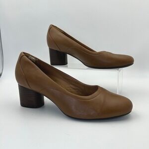Clarks Unstructured Pumps Womens 9 Tan Leather Cosmo Block Heel Office Career